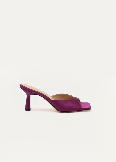 high heel leva mules for women in purple satin in larger sizes in side view