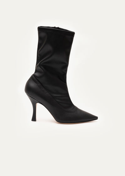 high heels sock ankle boots for women in black leather and vegan leather in larger sizes in side view