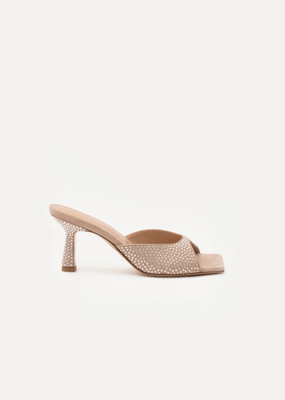 high heels leva mules for women in beige suede with crystals in larger sizes in side view