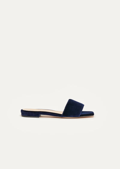 Lola Slides in blue velvet in larger sizes for women in side view